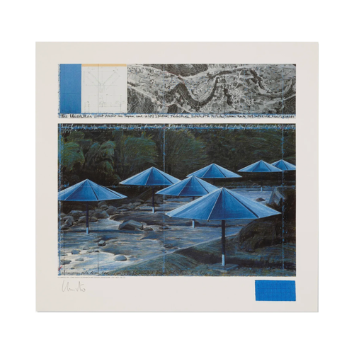Christo Blue Umbrellas Joint Project for Japan and USA 1991 signed color lithograph
