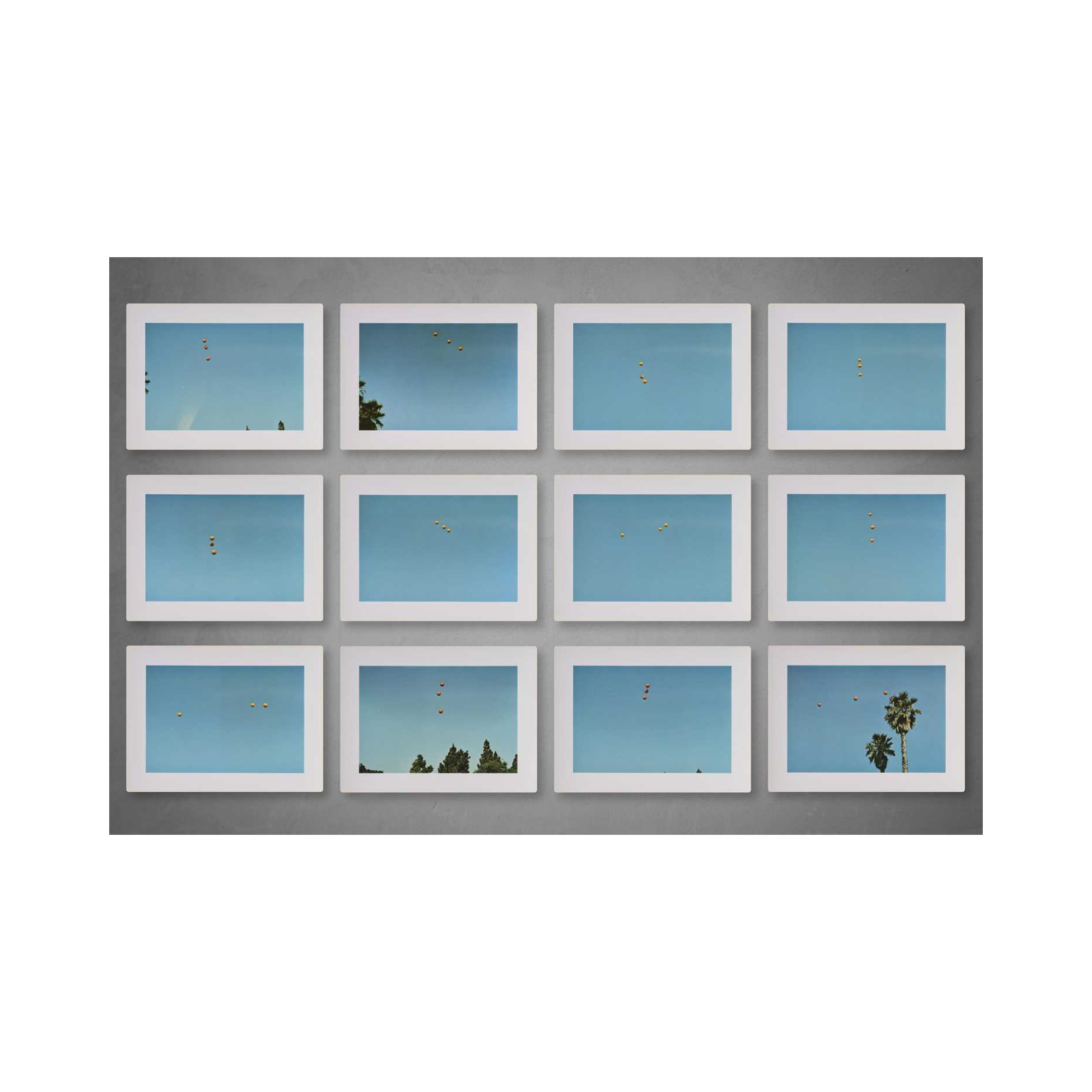 alt="John Baldessari Throwing Three Balls in the Air to Get a Straight Line 1973 complete portfolio of 12 offset lithographs showing red balls in blue sky arranged in grid"
