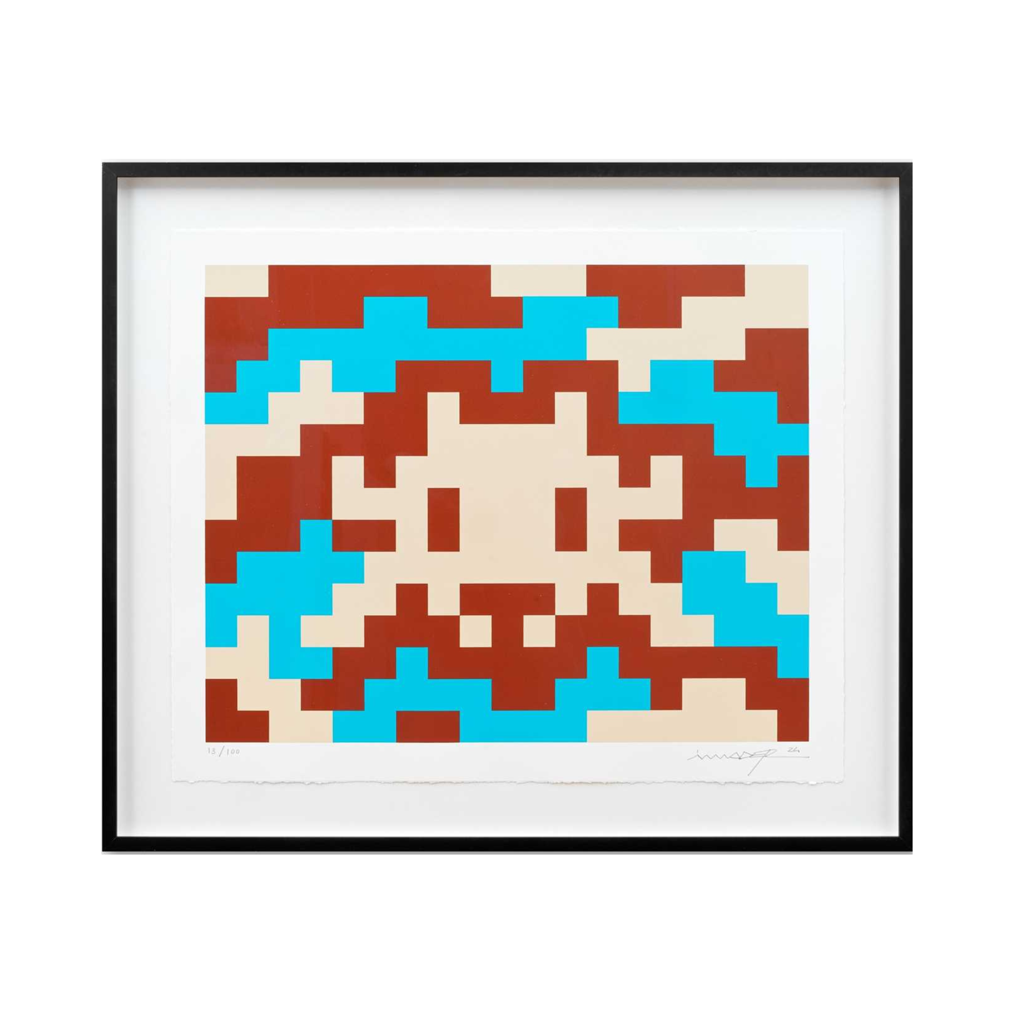 alt="Invader Camo M-3C-M1 2024 screenprint in colours pixelated camouflage composition framed limited edition of 100"
