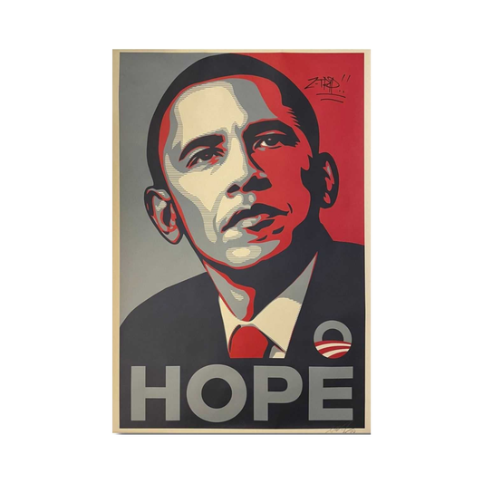 alt="Shepard Fairey Hope 2008 signed offset lithograph poster featuring Barack Obama portrait in red beige and blue with HOPE text"
