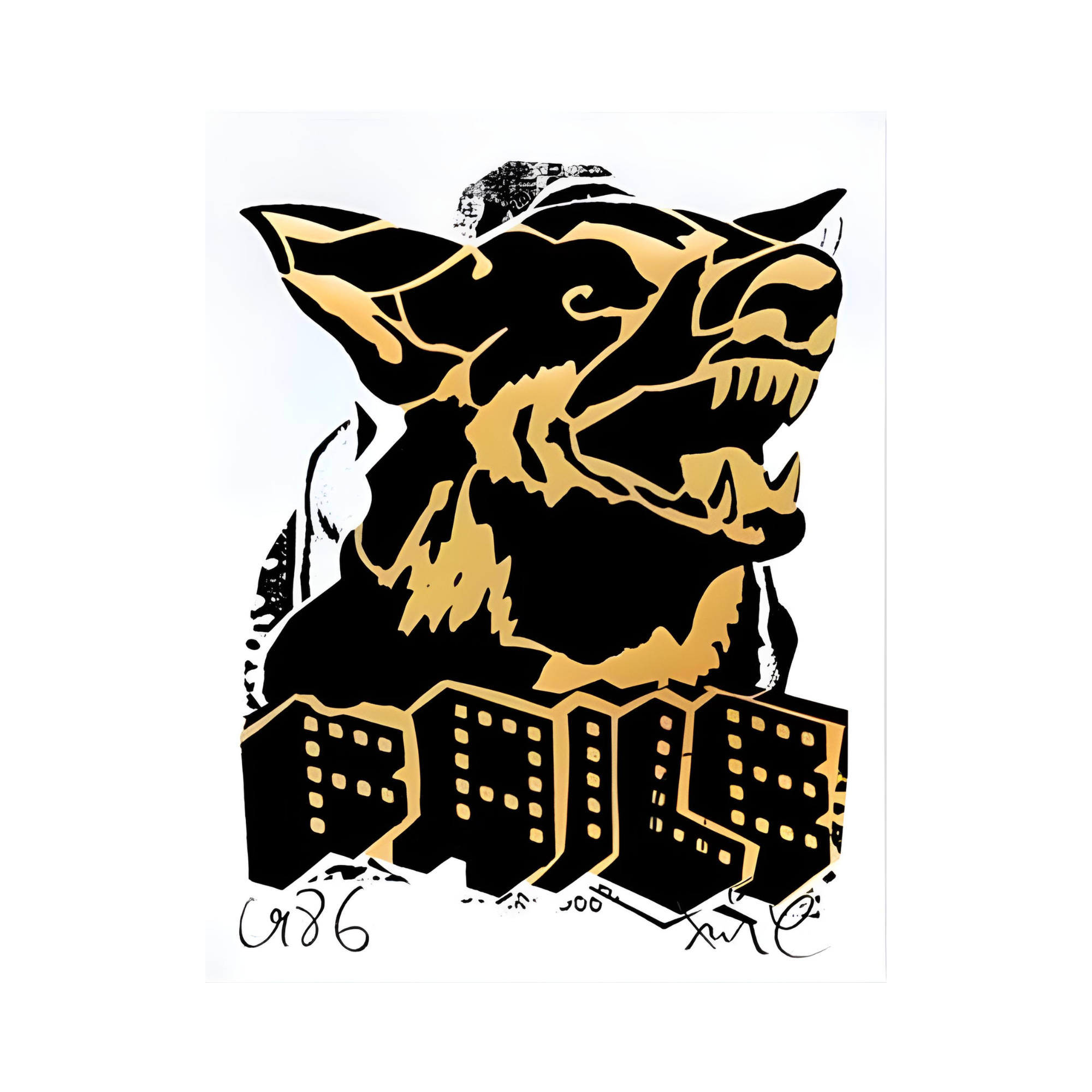 alt="Faile Faile Dog Gold Black 2022 offset print with gold foil featuring stylized black dog head graphic"
