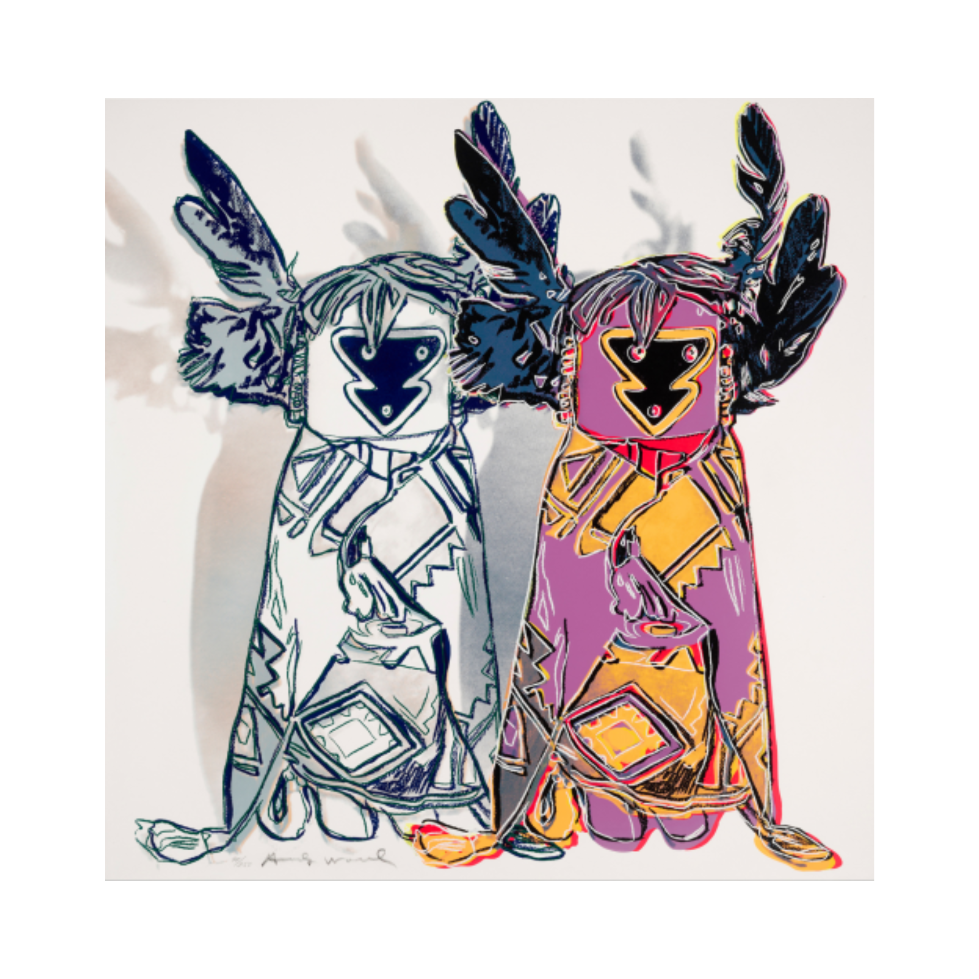 alt="Andy Warhol Kachina Dolls 1986 screenprint from Cowboys and Indians portfolio featuring two colorful Native American kachina figures on Lenox Museum Board"
