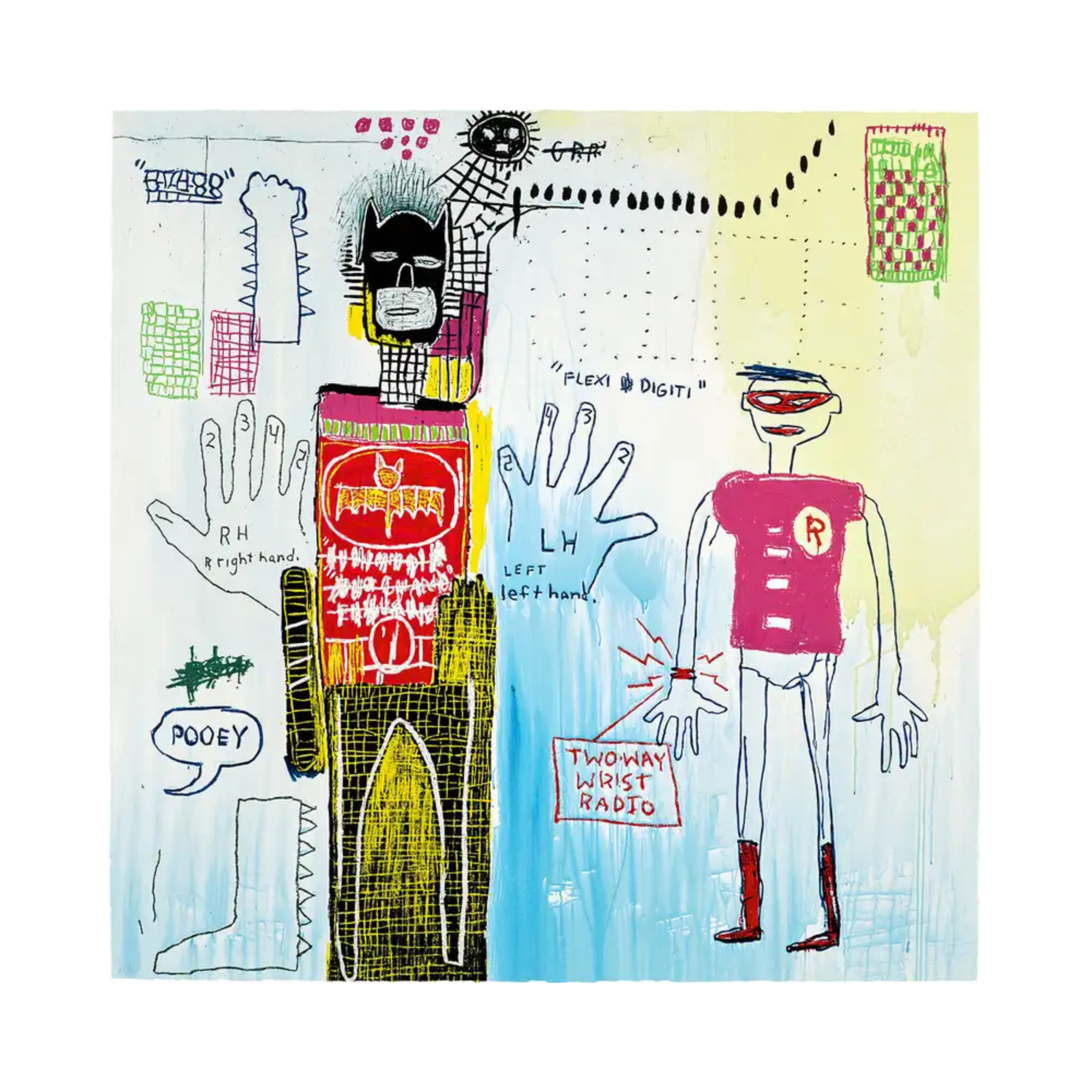alt="Piano Lesson 2022 after Jean-Michel Basquiat screenprint from Superhero Portfolio featuring expressive hand-drawn figures and text in red, blue and yellow"
