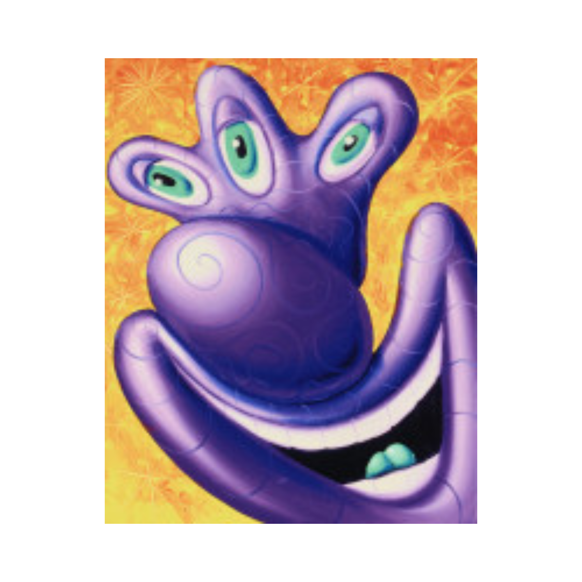 alt="Kenny Scharf Untitled 2008 inkjet print with glitter from Seven Prints by Seven Artists portfolio featuring vibrant purple cartoon-style face on orange background"
