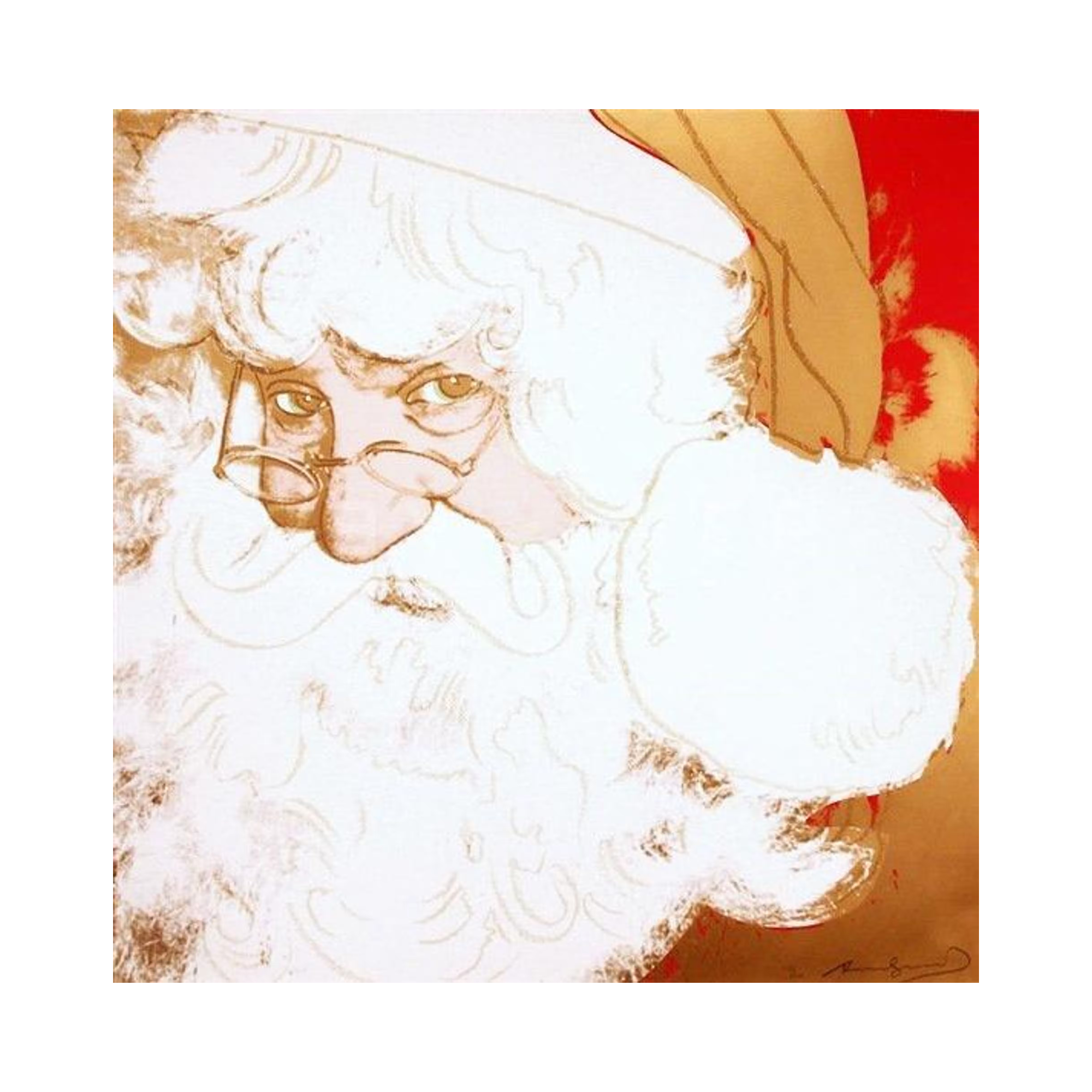 alt="Andy Warhol Santa Claus 1981 screenprint with diamond dust from Myths Portfolio featuring close-up portrait of Santa in red and gold tones"
