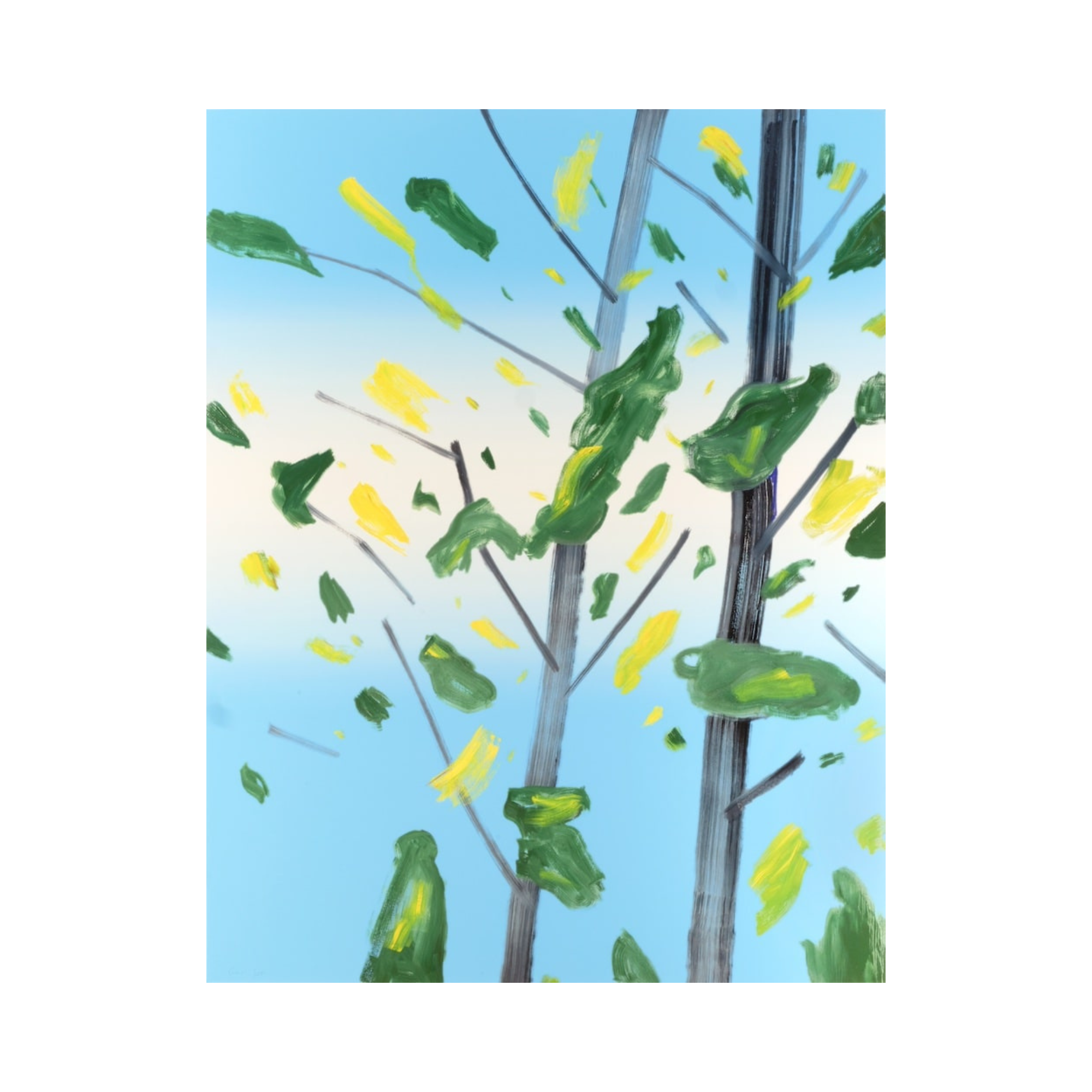 alt="Alex Katz Summer 2024 archival pigment print from Seasons series featuring expressive green foliage against light blue background"
