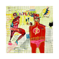 alt="Flash in Naples 2022 after Jean-Michel Basquiat screenprint from Superhero Portfolio featuring dynamic superhero figures in red and yellow on grid background"
