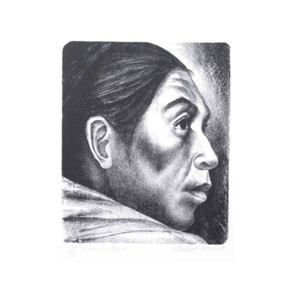 <img alt="Elizabeth Catlett, Cabeza Indígena, lithograph on wove paper, 1955–2003. Close-up portrait of a woman with strong features and an introspective expression, rendered in black and white with dense, high-contrast printmaking technique." />
