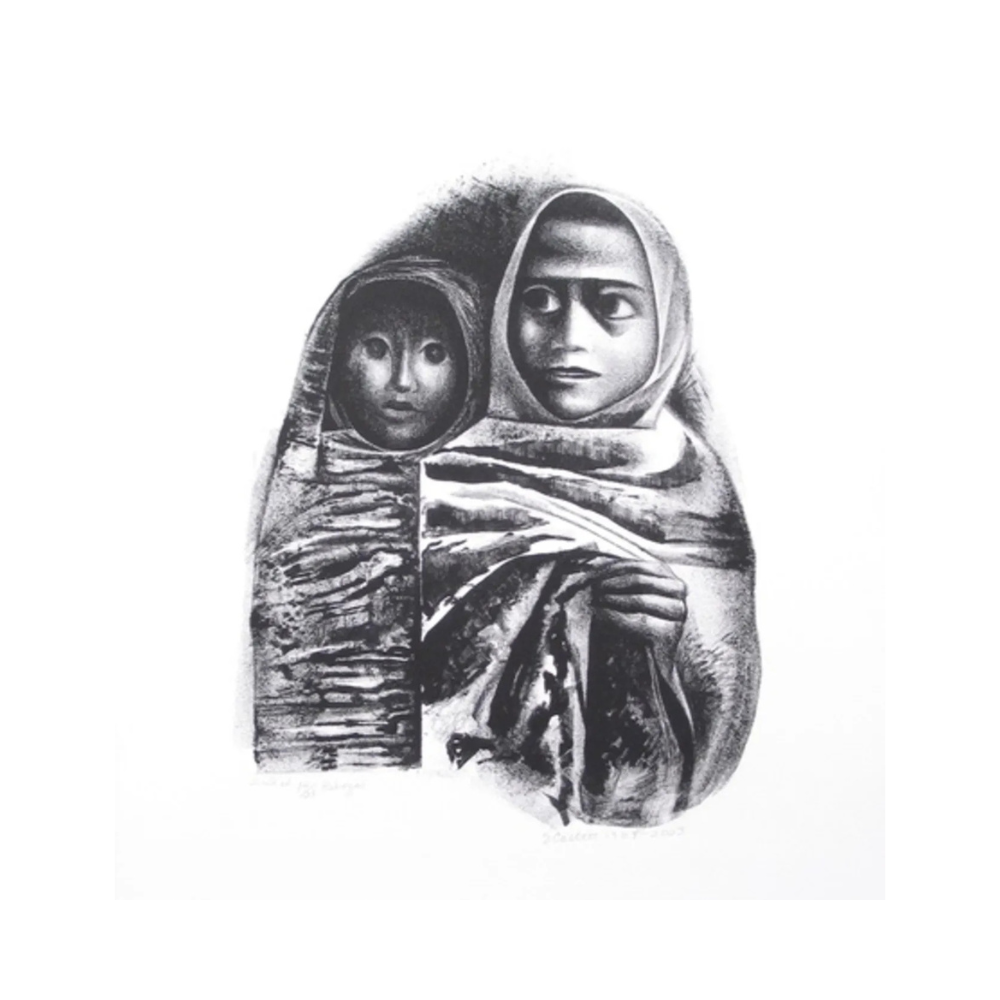 <img alt="Elizabeth Catlett, Rebozos, lithograph on Arches paper, 1968–2003. Two women draped in a traditional Mexican rebozo shawl, depicted in close embrace, rendered in black and white with rich tonal contrasts." />
