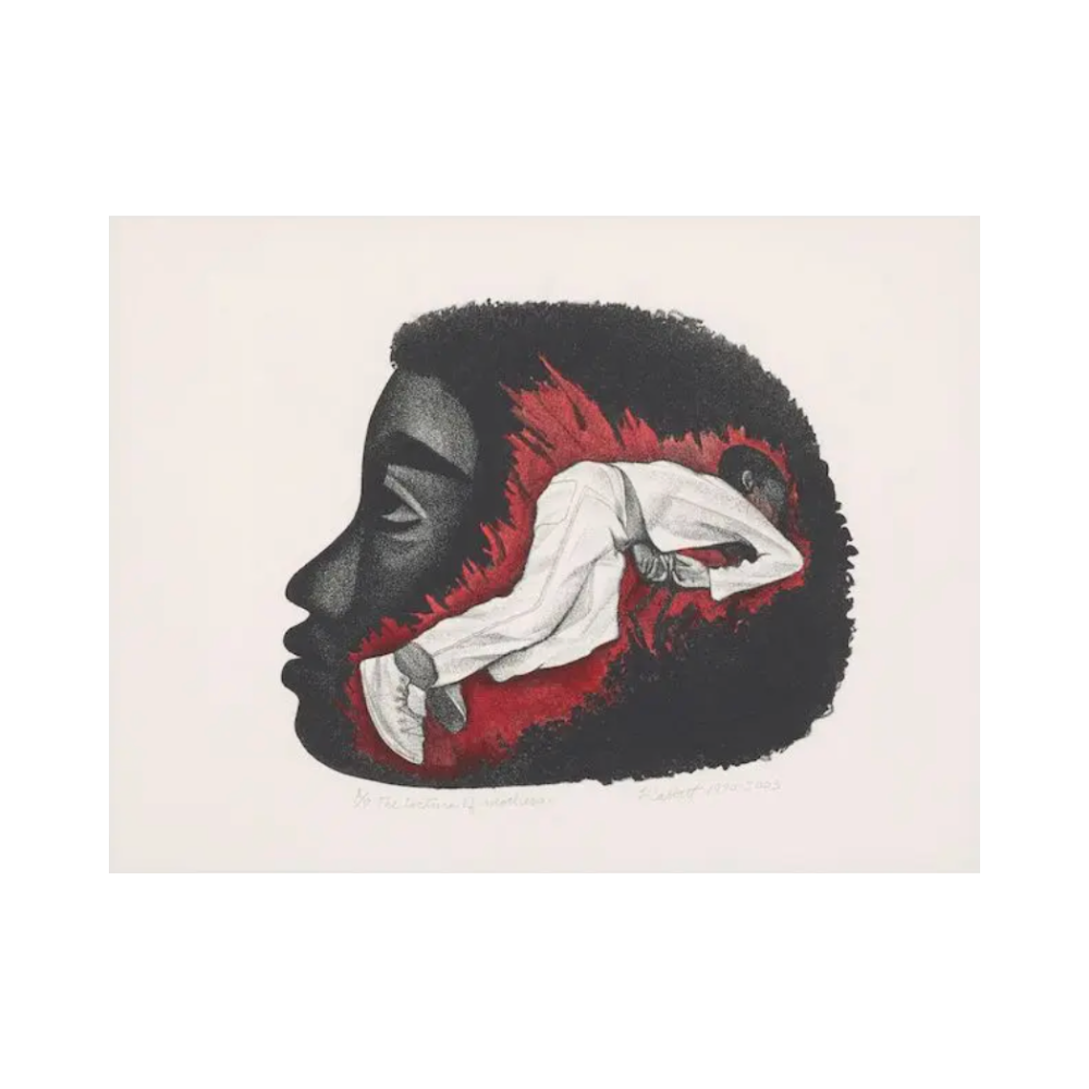 <img alt="Elizabeth Catlett, The Torture of Mothers, lithograph, 1970–2003. A silhouette of a grieving Black mother's head in profile, filled with a scene depicting a figure in white surrounded by red flames, conveying anguish and political protest." />
