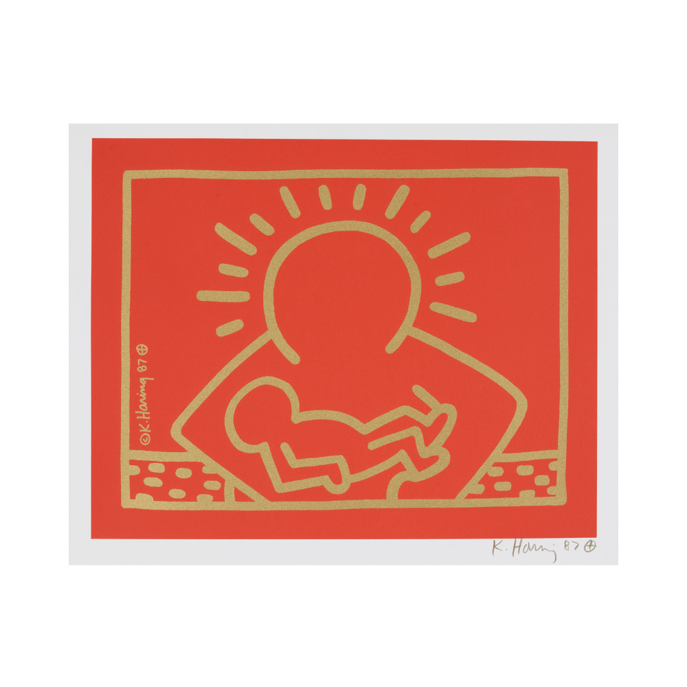 <img alt="Keith Haring, A Very Special Christmas, screenprint, 1987. Bold orange figures and symbolic forms on a red background, featuring Haring's signature animated style with a radiant sun-like figure and crawling baby, characteristic of his iconic graphic vocabulary." />
