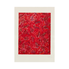 <img alt="Jasper Johns, Cicada, lithograph, 1979. Dense, all-over composition of red and white elongated forms resembling cicada wings or brushstrokes, layered across a deep red background in Johns's characteristic abstract style." />
