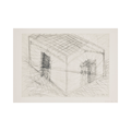 <img alt="Bruce Nauman, House Divided, etching and drypoint on Fabriano Rosaspina paper, 1985. Sparse, precise line drawing depicting two mirrored architectural structures resembling skeletal house frameworks, rendered with minimal marks on a white ground, conveying spatial tension and conceptual ambiguity." />
