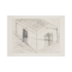 <img alt="Bruce Nauman, House Divided, etching and drypoint on Fabriano Rosaspina paper, 1985. Sparse, precise line drawing depicting two mirrored architectural structures resembling skeletal house frameworks, rendered with minimal marks on a white ground, conveying spatial tension and conceptual ambiguity." />

