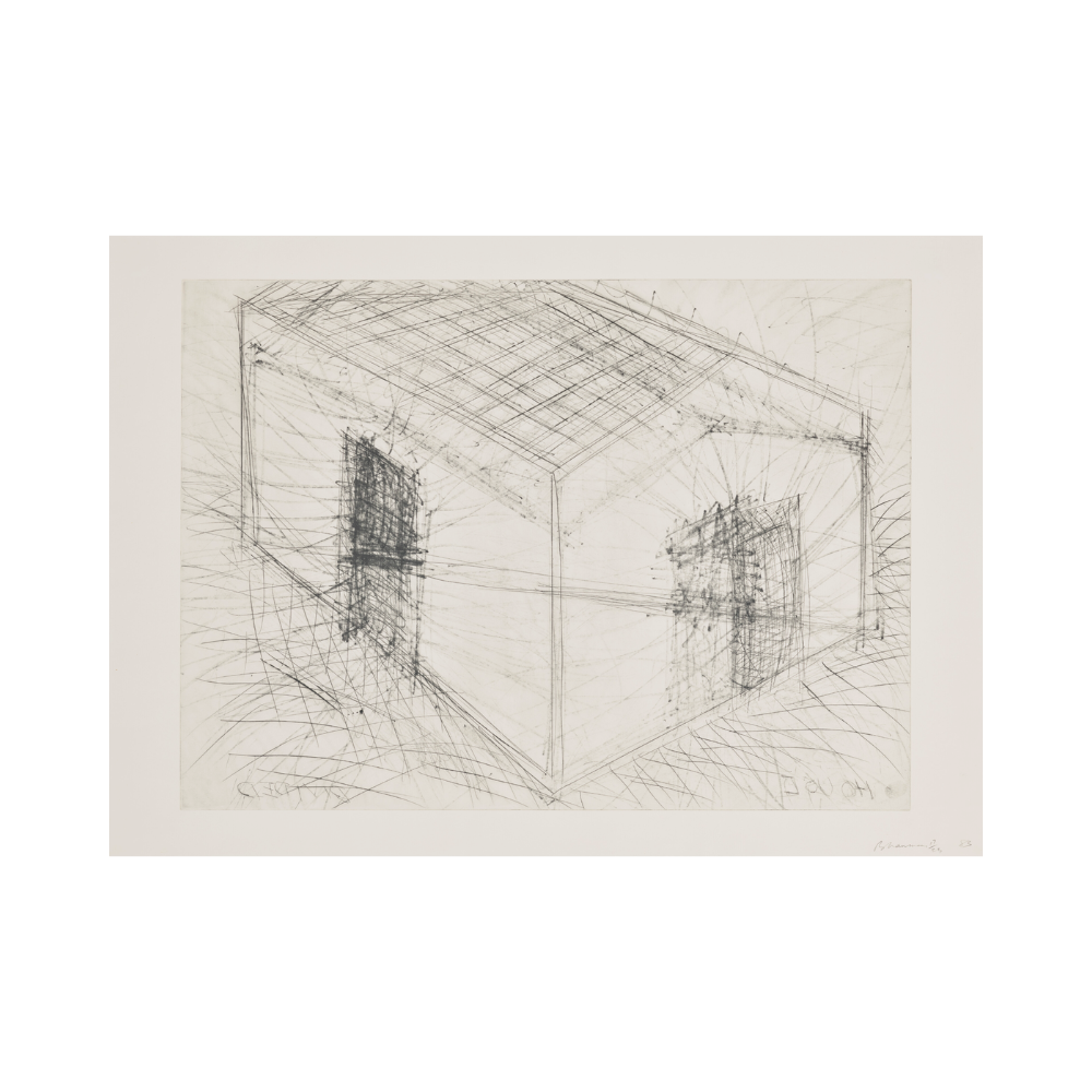 <img alt="Bruce Nauman, House Divided, etching and drypoint on Fabriano Rosaspina paper, 1985. Sparse, precise line drawing depicting two mirrored architectural structures resembling skeletal house frameworks, rendered with minimal marks on a white ground, conveying spatial tension and conceptual ambiguity." />
