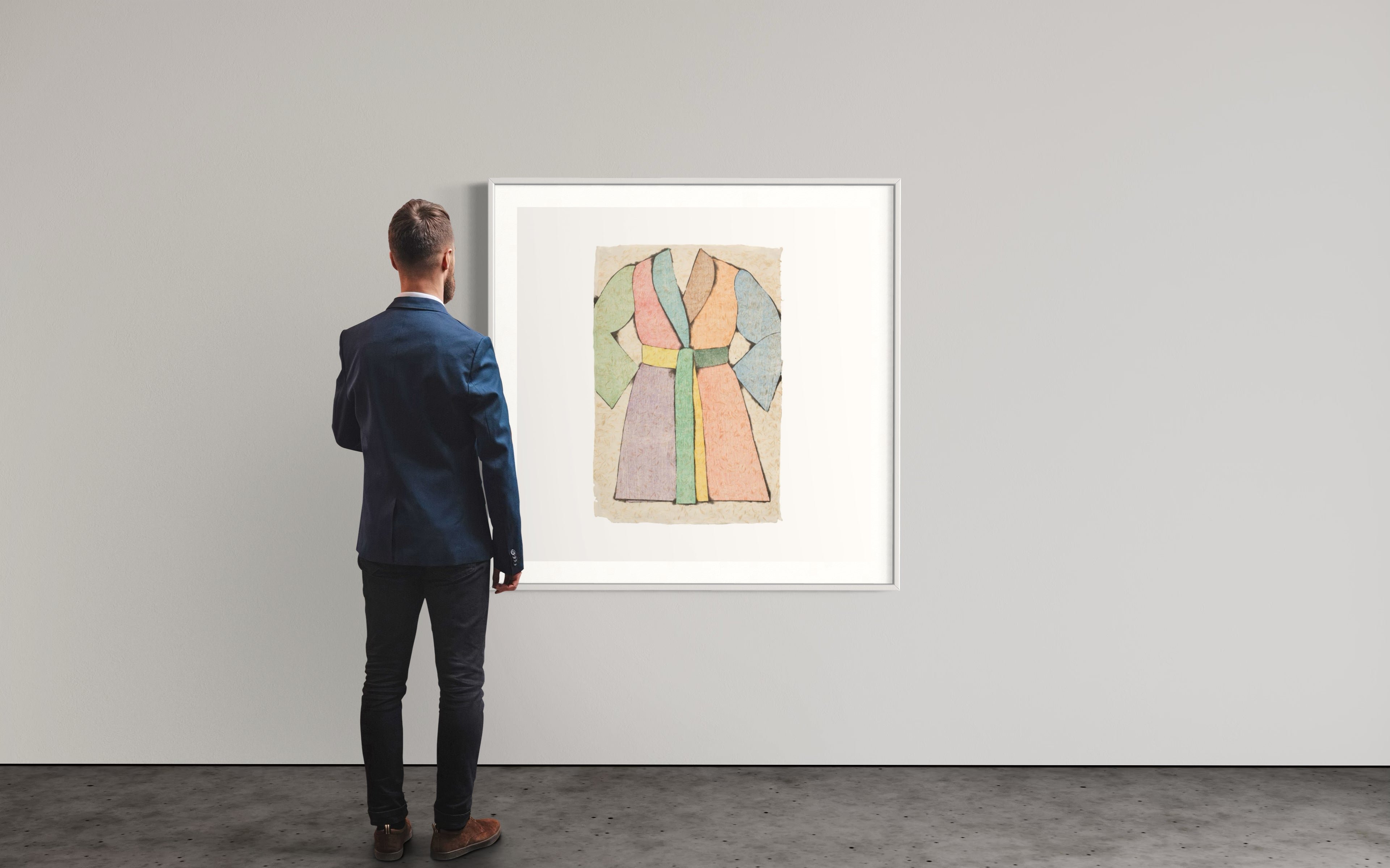 Jim Dine woodcut The Woodcut Bathrobe (1975) displayed framed on a gallery wall
