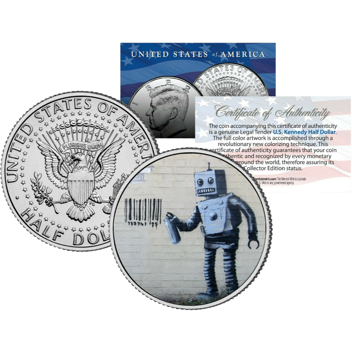 BANKSY * Codice a barre con etichettatura robot * Moneta da mezzo dollaro statunitense JFK