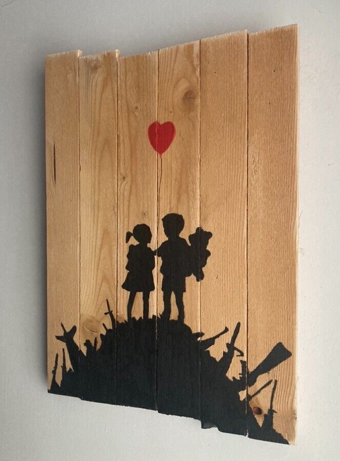 BANKSY, Stencil per pistole per bambini su pannello in legno