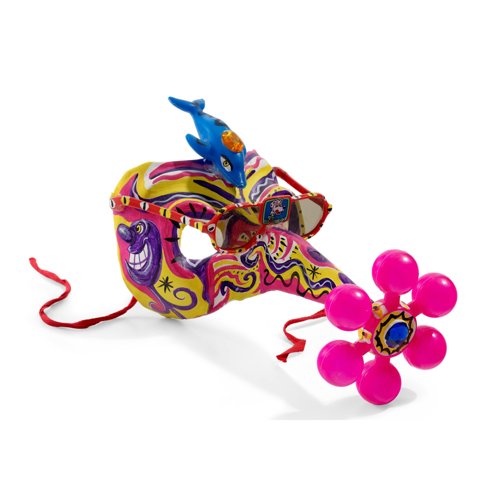 Kenny Scharf - Untitled (Venetian Mask) I Limited Edition - Papier-mâché, acrylic paint, found toys, sunglasses, rhinestones, shoelace