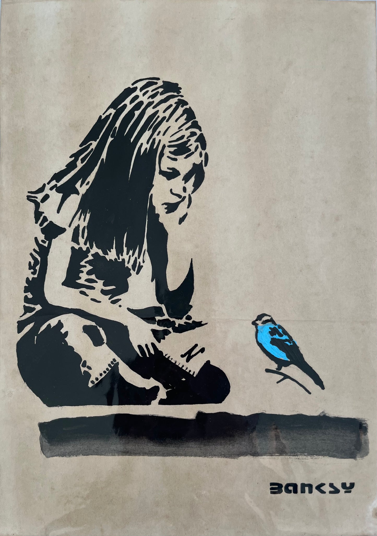 BANKSY x TATE - Girl & Bird - Dessin sur papier d'art